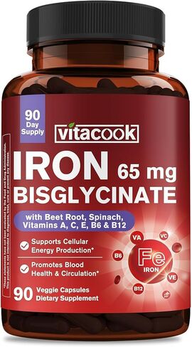 مكمل الحديد للنساء والرجال، 65 مجم من خلات بيسجليسينات الحديدوز، حديد بطيء الإطلاق مع فيتامينات A C E B6، B12، حمض الفوليك، مسحوق جذر السبانخ والبنجر العضوي، لتدفق الدم ودعم الطاقة، 60 كبسولة in Kuwait