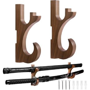 EZVYAO حامل تثبيت على الحائط على شكل سيف من طبقتين من خشب الجوز كاتانا، عرض قابل للتعديل لرف سلاح السيف الساموراي واكيزاشي، بني in Kuwait