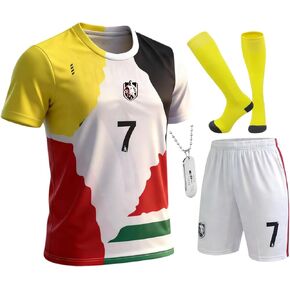 Kids Soccer Jersey Boys Youth Uniform Set - 4pc Soccer Kit with Jersey, Shorts, Socks & #7 Necklace for Ages 6-14 in Saudi Arabia