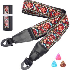 LEKATO Guitar Strap, Jacquard Embroidery Nylon Guitar Straps with Quick-Release Self-Locking Buckle for Bass & Electric Guitars, Adjustable Length from 37" to 63" with Pick Holder and 3 Picks, Red in Kuwait