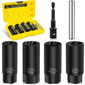 Topec 6PCS Deep Lug Nut Removal Tool, 1/2" Drive Lug Nut Extractor Set, 17-22mm Wheel Lock Removal Kit, Spark Plug Extractor Socket Set for Stripped, Rounded, Damaged Bolts & Studs in Kuwait