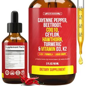 Cayenne Pepper Drops - Organic Supplement with Hawthorn Berry, Beet Root Powder, COQ10, Vitamin D3 & K2, Ceylon Cinnamon, Turmeric, Ginseng & Berberine - 60 ml (1 Pack) in Saudi Arabia