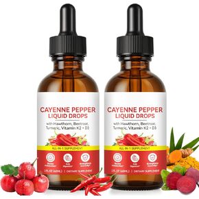 Cayenne Pepper Drops, Cayenne Health Supplements for Hawthorn Beet Root Turmeric Curcumin，Vitamin K2 & D3, Vegan-Friendly, Gentle Formula in Kuwait