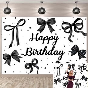 Coquette Happy Birthday Backdrop Black Bow Party Decortions Banner for Girls Women Bachelorette Theme Birthday Party Cake Table Supplies (82x59 inch (7x5FT)) in Kuwait