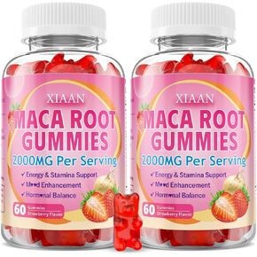 Maca Root Gummies for Women & Men, Organic Maca Root Supplement with Ashwagandha for Energy & Strength Support, Sugar-Free/Vegan/Non-GMO, Strawberry Flavor 60 Count in Kuwait