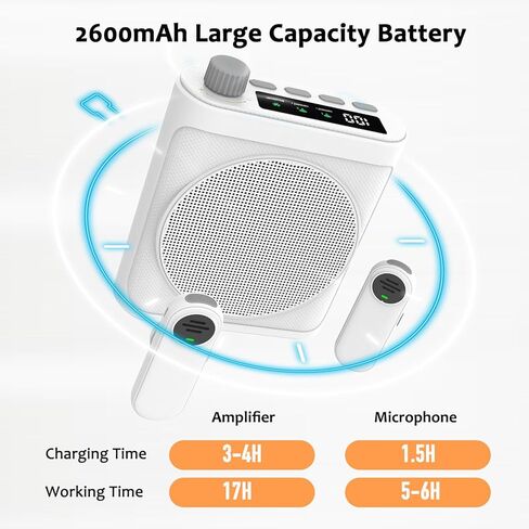 Voice Amplifier Wireless Microphone with Magnetic Lavalier, Portable Voice Amplifier for Teachers with 2 Mic, Rechargeable Bluetooth Speaker System for Classroom, Yoga, Meetings, Speeches (White) in Kuwait