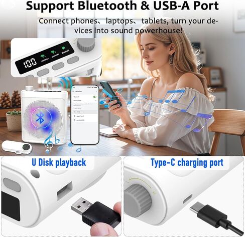 Voice Amplifier Wireless Microphone with Magnetic Lavalier, Portable Voice Amplifier for Teachers with 2 Mic, Rechargeable Bluetooth Speaker System for Classroom, Yoga, Meetings, Speeches (White) in Kuwait