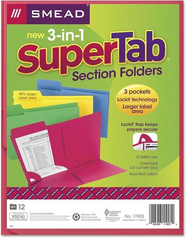 Smead 3-in-1 SuperTab Section Folder, 1/3-Cut Oversized Tab, Letter Size, Assorted Colors, 12 per Pack (11905) in Saudi Arabia