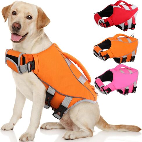 Kuoser Dog Life Jacket, High Flotation Dog Life Vest for Swimming Boating, Reflective Pet Swimming Vest Doggie Water Preserver with Rescue Handle in Saudi Arabia