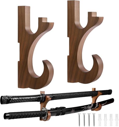 EZVYAO حامل تثبيت على الحائط على شكل سيف من طبقتين من خشب الجوز كاتانا، عرض قابل للتعديل لرف سلاح السيف الساموراي واكيزاشي، بني in Kuwait