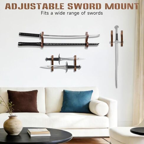 EZVYAO حامل تثبيت على الحائط على شكل سيف من طبقتين من خشب الجوز كاتانا، عرض قابل للتعديل لرف سلاح السيف الساموراي واكيزاشي، بني in Kuwait