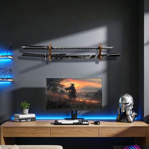 EZVYAO حامل تثبيت على الحائط على شكل سيف من طبقتين من خشب الجوز كاتانا، عرض قابل للتعديل لرف سلاح السيف الساموراي واكيزاشي، بني in Kuwait