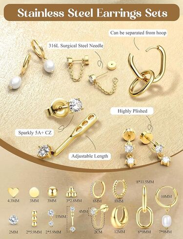 Jstyle 14K Gold Earrings Women Hypoallergenic Cartilage Earrings Set for Multiple Piercing Trendy Huggie Hoop Earring Lightweight Earring Stacks Small Cute Pearl CZ Studs Hoops Gold/Silver in Kuwait