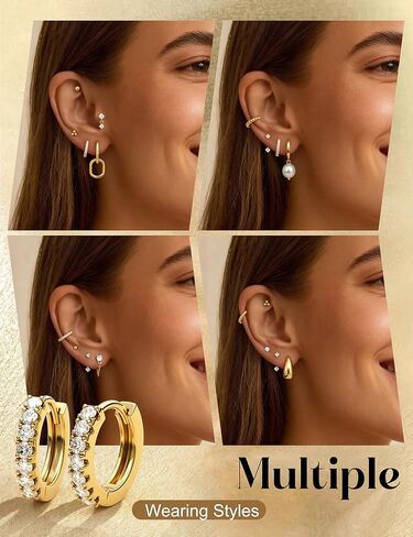 Jstyle 14K Gold Earrings Women Hypoallergenic Cartilage Earrings Set for Multiple Piercing Trendy Huggie Hoop Earring Lightweight Earring Stacks Small Cute Pearl CZ Studs Hoops Gold/Silver in Kuwait