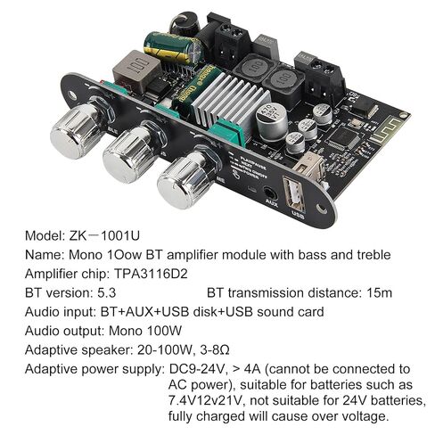 ZK-1001U Mono Amplifier Board with TWS, 100W Power Output, Vehicle Amplifier Wide Voltage Input 9-24V, Supports USB/AUX/Bluetooth in Saudi Arabia