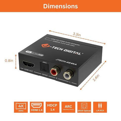 مستخلص صوت HDMI رقمي 4K@60 هرتز من J-Tech مع ARC وHDMI إلى RCA ومحول بصري، ودعم ستيريو Dolby Digital/DTS للتلفزيون، وأجهزة الألعاب، وبلو راي، والكمبيوتر المحمول [JTECH-AE4KA] in Saudi Arabia
