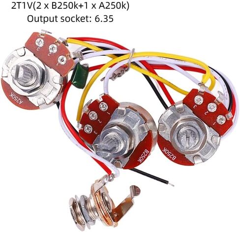 Guitar Potentiometer Kit 1V2T - A250K B250K Bass Wiring Harness Prewired Kit with 6.35mm Jack for Jazz Bass Electronics Installation in Kuwait