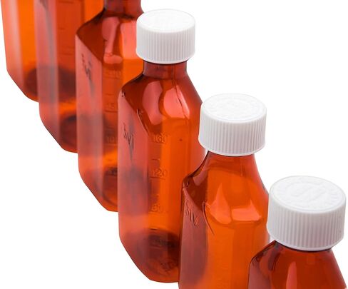 حاوية صيدلية العنبر مع غطاء - زجاجة قابلة لإعادة التعبئة مقاومة للدفع والدوران - حاوية دواء سائلة ووصفة طبية مقاومة للكسر مع خطوط قياس، 4 أونصة (200 قيراط) in Kuwait