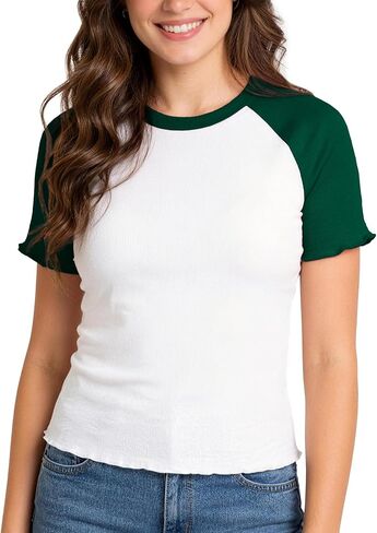 تشييرت النساء راجلان قصيرة الأكمام المنتظمة العادية طاقم الطاقم لوز بلوك بلوك مضلعة tshirt الخس in Kuwait