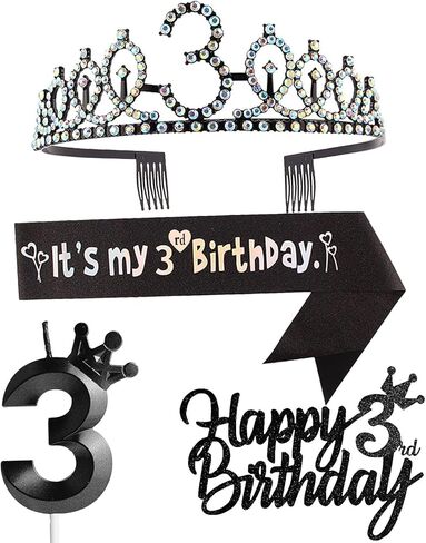 3rd Birthday Decorations for Girl, Including 3rd Birthday Crown/Tiara, Sash, Happy Birthday Cake Toppers and Number 3 Candles, Pink Birthday Party Supplies 3 Year Old Girl Birthday Gift Ideas in Kuwait