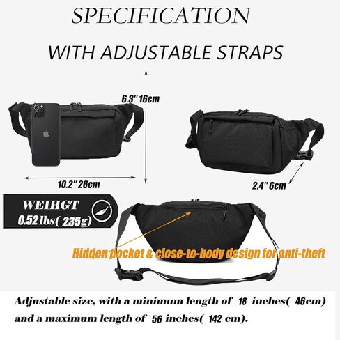 GORELAX Black Fanny Pack for Men Women, EDC Crossbody sling Chest Bag, Lightweight Waist Bag for Running,Travel, Hiking，Workout (Adjustable 18"-56"Waist) | lightweight in Kuwait