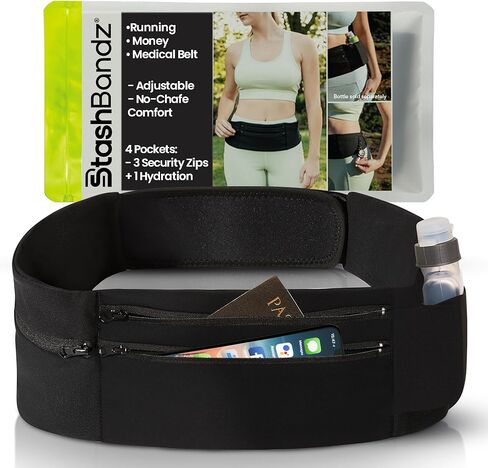 New Adjustable Running Belt Travel Money Belt with 3 Big Zipper Pockets + Water Bottle Pocket, Slim Stay-put Grip Fanny Pack, Fits Any Size Phone, Passport & Lots of Gear with No-bulk. USA Company. in Saudi Arabia