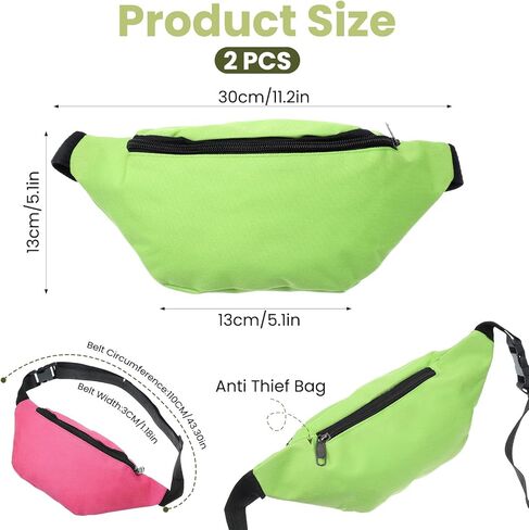 2 PCS Neon Fanny Pack 80s 90s Fanny Pack, Running Waist Packs Rave Bag Lightweight and Portable, Adjustable Glow Party Waist Bags Suitable for Cycling Hiking and Fitness (Bright Green and Pink) in Saudi Arabia