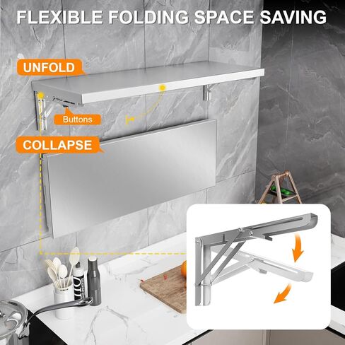 رف جداري قابل للطي مقاس 31.5 بوصة × 12 بوصة، طاولة قابلة للطي مثبتة على الحائط من الفولاذ المقاوم للصدأ، سعة 110 رطل، رف امتياز عائم لشاحنات الطعام، نوافذ المقطورة، المطبخ، المطعم، غرفة مرافق المرآب in Kuwait