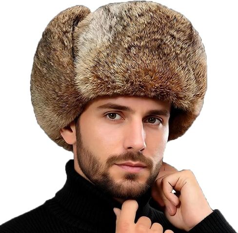 ITODA Furry Russian Trapper Hat Winter Faux Fur Ushanka Trooper Men Warm Windproof Eaeflap Cap for Skiing Hunting Motorcycle in Saudi Arabia