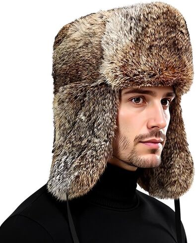 ITODA Furry Russian Trapper Hat Winter Faux Fur Ushanka Trooper Men Warm Windproof Eaeflap Cap for Skiing Hunting Motorcycle in Saudi Arabia