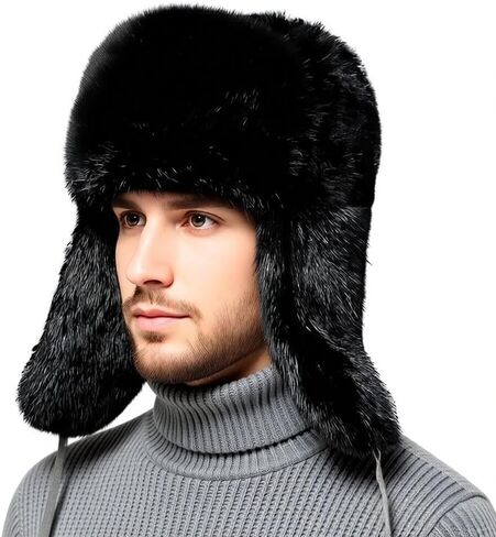 ITODA Furry Russian Trapper Hat Winter Faux Fur Ushanka Trooper Men Warm Windproof Eaeflap Cap for Skiing Hunting Motorcycle in Saudi Arabia