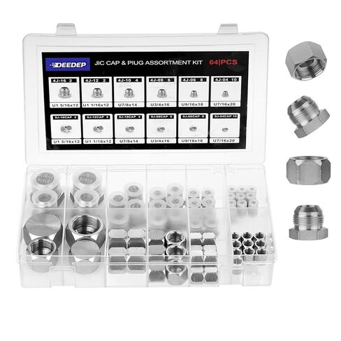 64 Pcs. 37° Flare Thread Cap & Plug Assortment Kit, Hose Tube and Pipe Fitting Kit, Galvanized Carbon Steel with Precision Threading, Dash Sizes 04 06 08 10 12 16 in Saudi Arabia