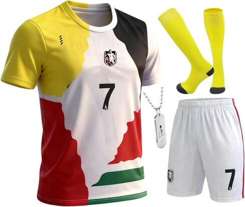 Kids Soccer Jersey Boys Youth Uniform Set - 4pc Soccer Kit with Jersey, Shorts, Socks & #7 Necklace for Ages 6-14 in Saudi Arabia