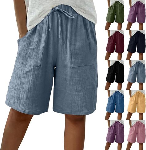 Bermuda Shorts for Women High Waist Linen Knee Length Long Shorts with Pockets Casual Short Pants Baggy Lounge Outfits in Saudi Arabia
