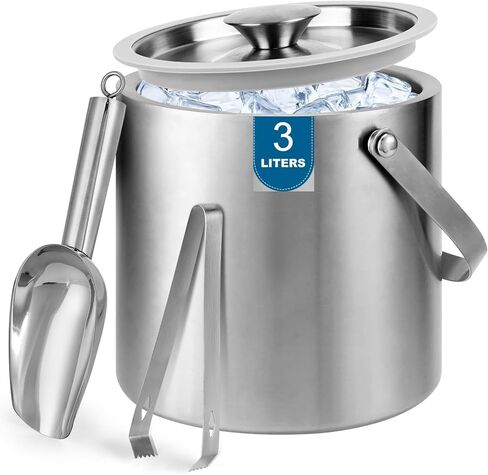 Portable Ice Buckets for Parties 3 Liter Double-Wall Ice Bucket with Lid,Scoop,Tongs,Handle- Stainless Steel Ice Container to Keep Ice Frozen Longer- Ideal for Cocktail Bar,Camping,Chilling Beer/Wine in Kuwait