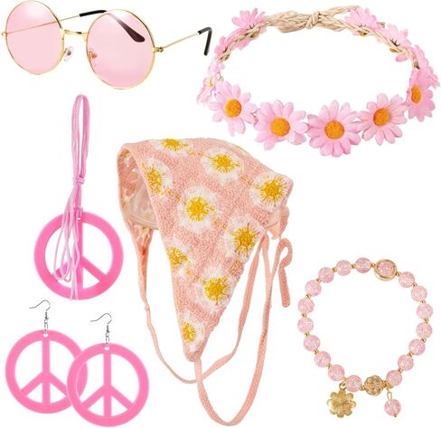 6 PCS Hippie Costume Accessories Set Boho Daisy Flower Headbands Peace Sign Earring Necklace Sunglasses for Halloween Groovy Party Pink in Saudi Arabia