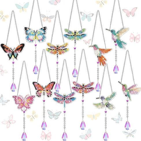 24 Pcs Butterfly Bird Dragonfly Diamond Art Keychains DIY Diamond Painting Wind Chime Crystal Hanging Ornament for Spring Summer Adult Craft Party in Kuwait