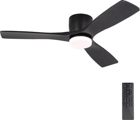 WINGBO 48 Inch Flush Mount DC Ceiling Fan, 3CCT Dimmable Light, 3 Carved Wood Blades, 6-Speed Noiseless Reversible DC Motor, Hugger Low Profile Fan, Matte Black Finish with Black Blades, ETL Listed in Saudi Arabia