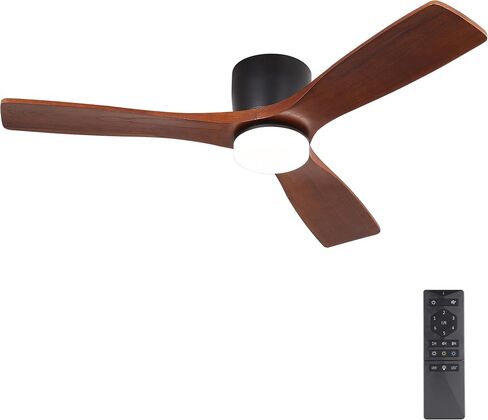 WINGBO 48 Inch Flush Mount DC Ceiling Fan, 3CCT Dimmable Light, 3 Carved Wood Blades, 6-Speed Noiseless Reversible DC Motor, Hugger Low Profile Fan, Matte Black Finish with Black Blades, ETL Listed in Saudi Arabia