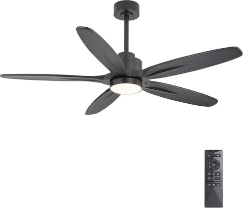 WINGBO 54" Ceiling Fan with Light - 5 Carved Solid Wood Blades, 6-Speed Reversible DC Motor, Dimmable, 3CCT, Noiseless Remote Control Ceiling Fans with Lights for Bedroom Living Room, Matte Black in Saudi Arabia