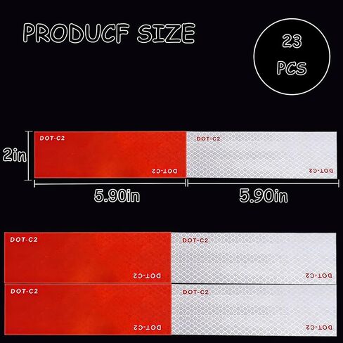 شريط عاكس 23 قطعة - 2 بوصة × 12 بوصة أحمر/أبيض DOT-C2 ملصقات أمان مقاومة للماء، شريط لاصق ذاتي اللصق عاكس عالي القوة للشاحنات والقوارب وعلامات التحذير الخارجية in Kuwait