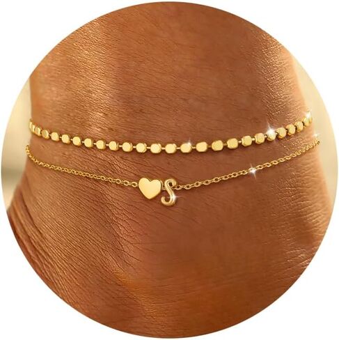 Honsny Initial Ankle Bracelets for Women Waterproof 14K Gold Plated Layered Anklets for Women Non Tarnish Dainty Heart Letter A-Z Ankle Bracelets Handmade Adjustable Summer Beach Gold Anklet Jewelry in Kuwait