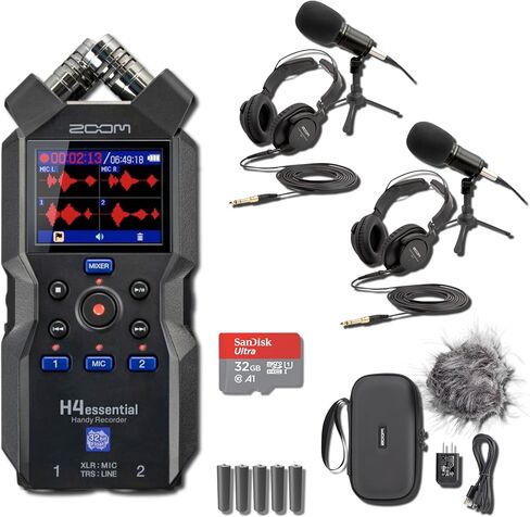 جهاز تسجيل Zoom H4essential المحمول مع حزمتي ميكروفون بودكاست ZDM-1 وحزمة ملحقات وبطاريات AA وبطاقة microSD مع محول in Saudi Arabia