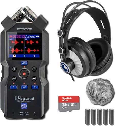 Zoom H4essential Portable Recorder with StreamEye Cans50 Monitoring Headphones, Windscreen, AA Batteries and microSD Card with Adapter in Saudi Arabia