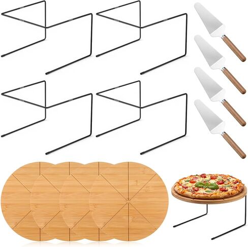 LemonRoad 12 Pcs Pizza Pan Riser Stand Set 4 Metal Table Stands 4 Pcs 12'' Bamboo Wooden Pizza Pans Tray with Cutting Grooves 4 Wood Handle Pie Server Spatulas for Baking Dessert Restaurant Party Use in Saudi Arabia