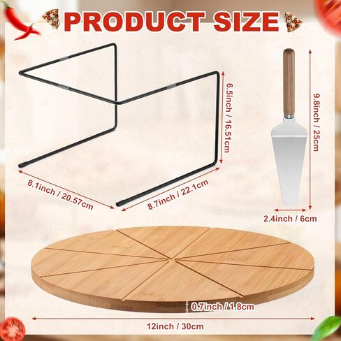 LemonRoad 12 Pcs Pizza Pan Riser Stand Set 4 Metal Table Stands 4 Pcs 12'' Bamboo Wooden Pizza Pans Tray with Cutting Grooves 4 Wood Handle Pie Server Spatulas for Baking Dessert Restaurant Party Use in Saudi Arabia