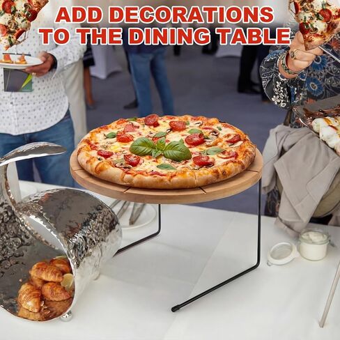 LemonRoad 12 Pcs Pizza Pan Riser Stand Set 4 Metal Table Stands 4 Pcs 12'' Bamboo Wooden Pizza Pans Tray with Cutting Grooves 4 Wood Handle Pie Server Spatulas for Baking Dessert Restaurant Party Use in Saudi Arabia