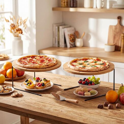 LemonRoad 12 Pcs Pizza Pan Riser Stand Set 4 Metal Table Stands 4 Pcs 12'' Bamboo Wooden Pizza Pans Tray with Cutting Grooves 4 Wood Handle Pie Server Spatulas for Baking Dessert Restaurant Party Use in Saudi Arabia