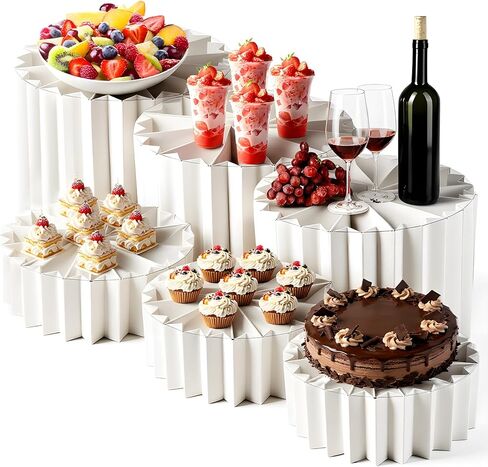 6 Pcs Foldable Multi-Height Buffet Risers and Stands, 12" Food Risers for Buffet Table, White Cardboard Cylinder Stands with Acrylic Plates, Tall Cake Stand Cupcake Stand for Party, 4"/8" H in Saudi Arabia