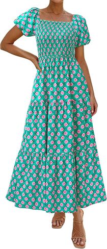 PRETTYGARDEN Womens Summer Puff Short Sleeve Maxi Dress Square Neck Smocked Tiered Ruffle A Line Long Flowy Beach Dresses in Kuwait
